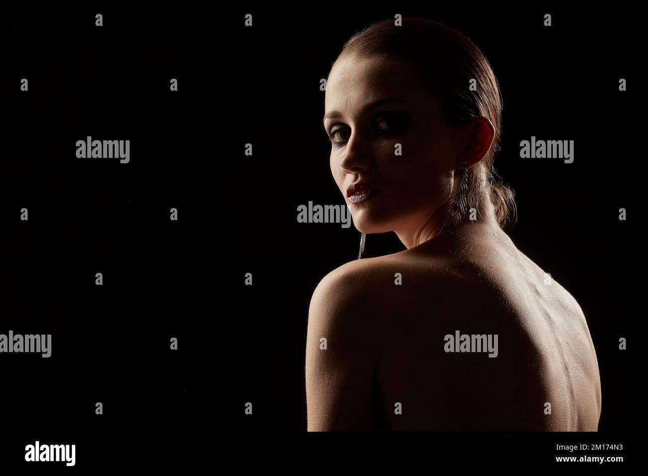 Profile Female. Back beautiful woman profile silhouette on back background with copy space ...