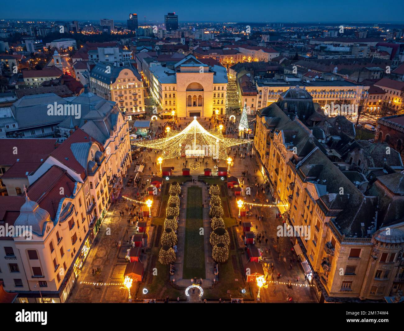 Aerial view of Timisoara’s lights and decorations for the Christmas Market. Photo taken on 10th of December 2022 in Timisoara, Timis county, Romania. Stock Photo