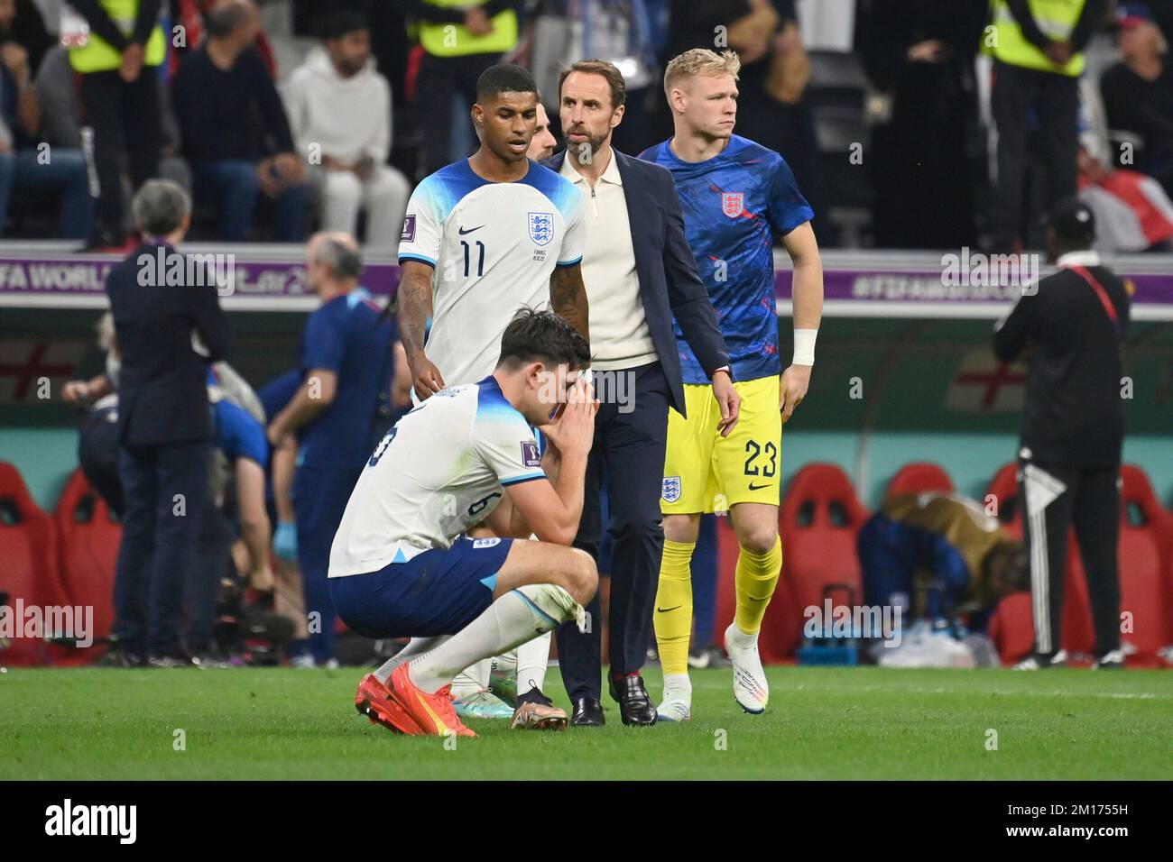 Al Khor, Qatar. 10th Dec, 2022. Harry MAGUIRE (ENG), Marcus RASHFORD (ENG),  Gareth SOUTHGATE (coach ENG), goalwart RAMSDALE Aaron (ENG) after end of  game, disappointment, frustrated, disappointed, frustratedriert, dejected,  action. jubilation, joy,