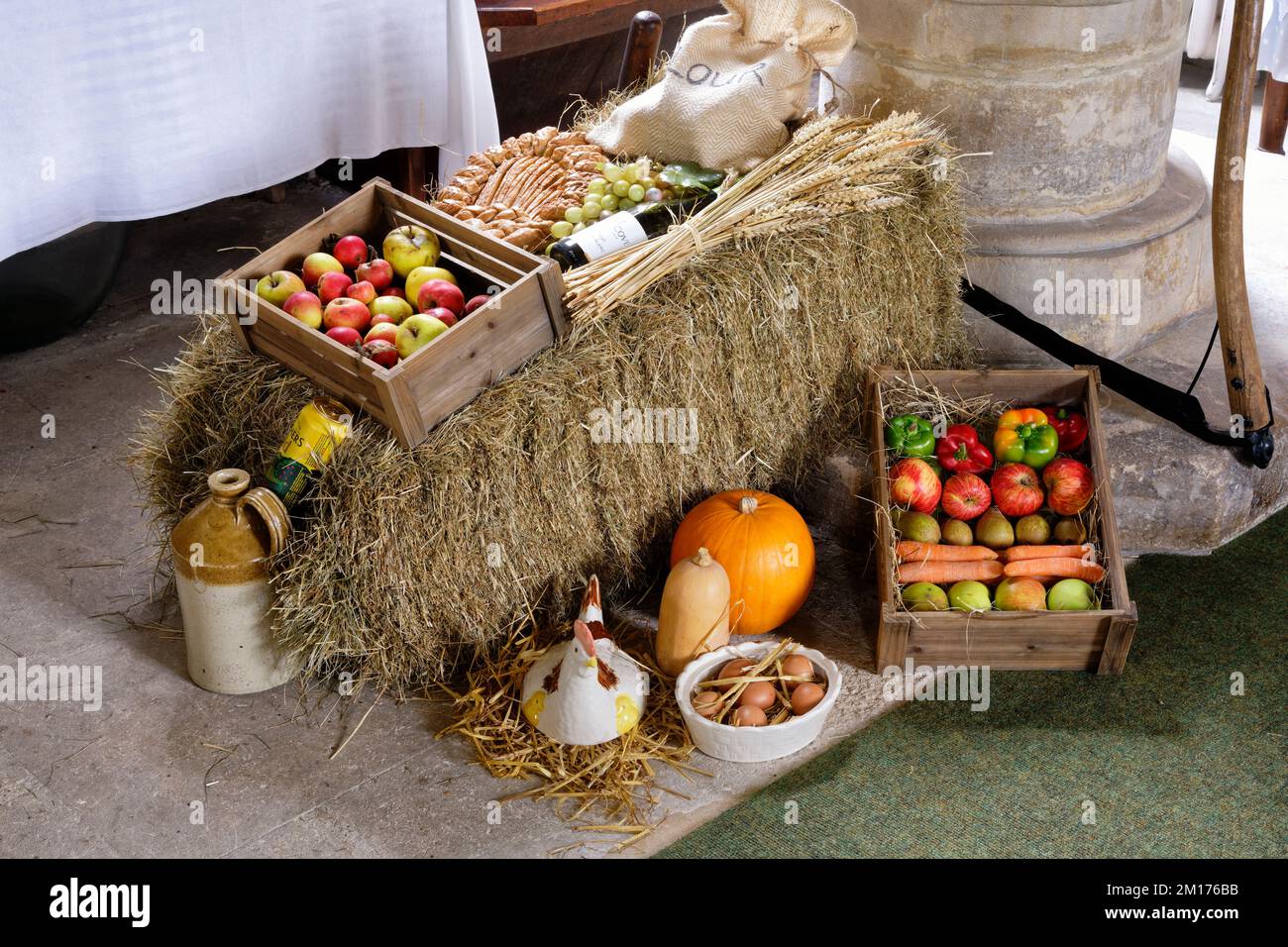Church Harvest Festival Display, St James the Elder, Horton, South Gloucestershire, UK Stock Photo