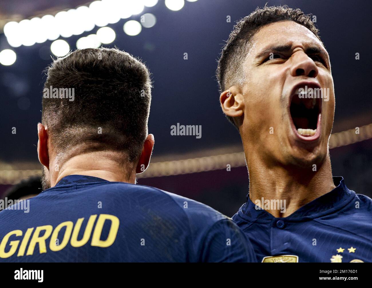 AL KHOR - Olivier Giroud of France and Raphael Varane of France celebrate the 1-2 draw during the FIFA World Cup Qatar 2022 quarter final match between England and France at Al Bayt Stadium on December 10, 2022 in Al Khor, Qatar. AP | Dutch Height | MAURICE OF STONE Credit: ANP/Alamy Live News Stock Photo