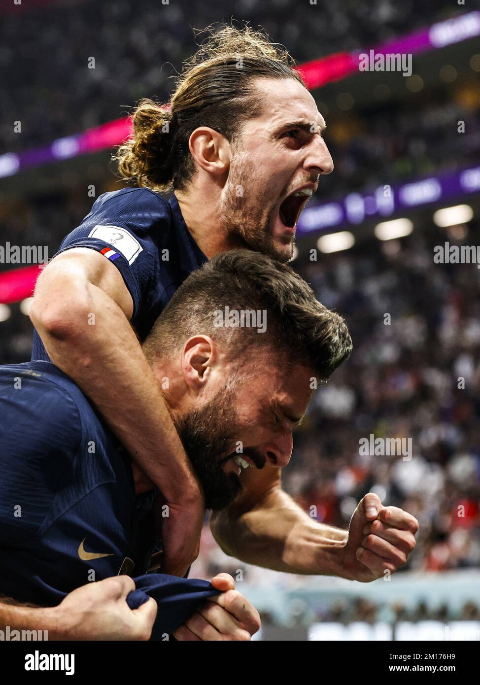 AL KHOR - Olivier Giroud of France and Adrien Rabiot of France celebrate the 1-2 draw during the FIFA World Cup Qatar 2022 quarter final match between England and France at Al Bayt Stadium on December 10, 2022 in Al Khor, Qatar. AP | Dutch Height | MAURICE OF STONE Credit: ANP/Alamy Live News Stock Photo