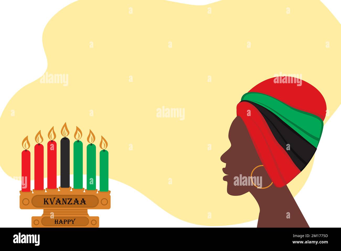African woman profile wearing a traditional headdress in the shades of national flag and candlestick with 7 candles in African colors. Copyspace. Happy Kwanzaa. Good for lettering, banner, tag. EPS Stock Vector