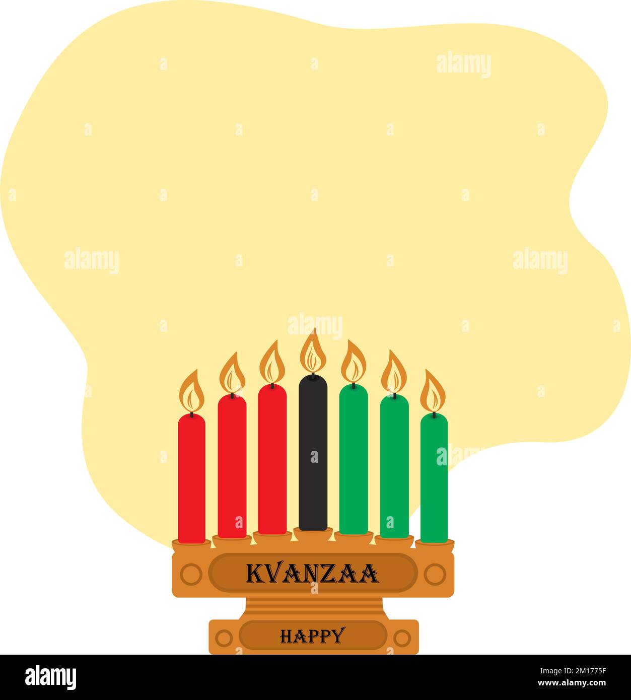 Wooden candlestick with seven candles in the color of the African flag and inscription Happy Kwanzaa. Isolate. Copyspace. Good for lettering, banners, poster, invitation, brochures or cards, price tag Stock Vector