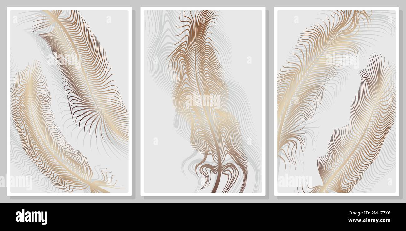 Openwork fluffy feathers wall art vector set - for wall framed prints, canvas prints, poster, home decor Stock Vector