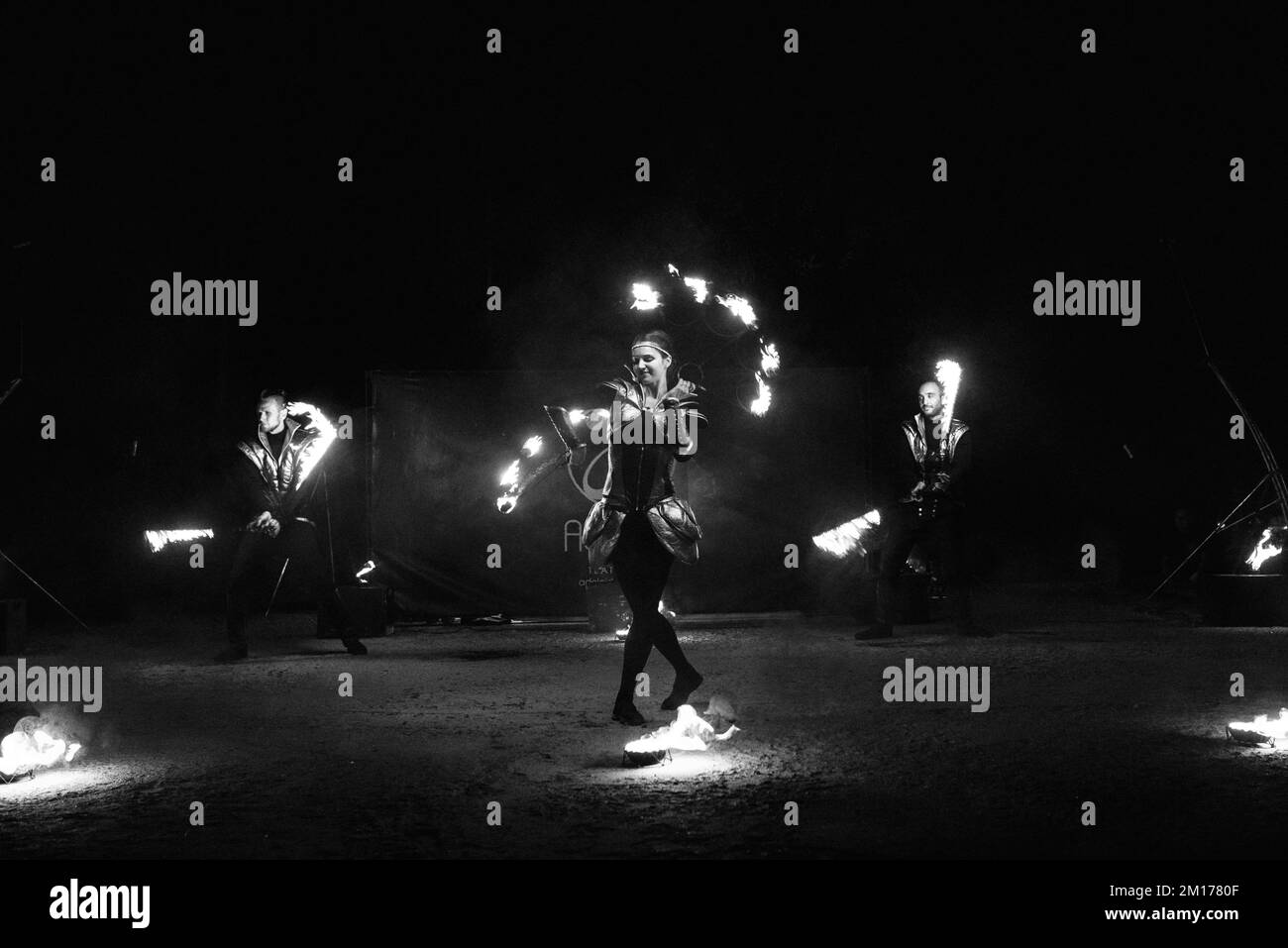 night performance open air fire show with dangerous kerosene Stock