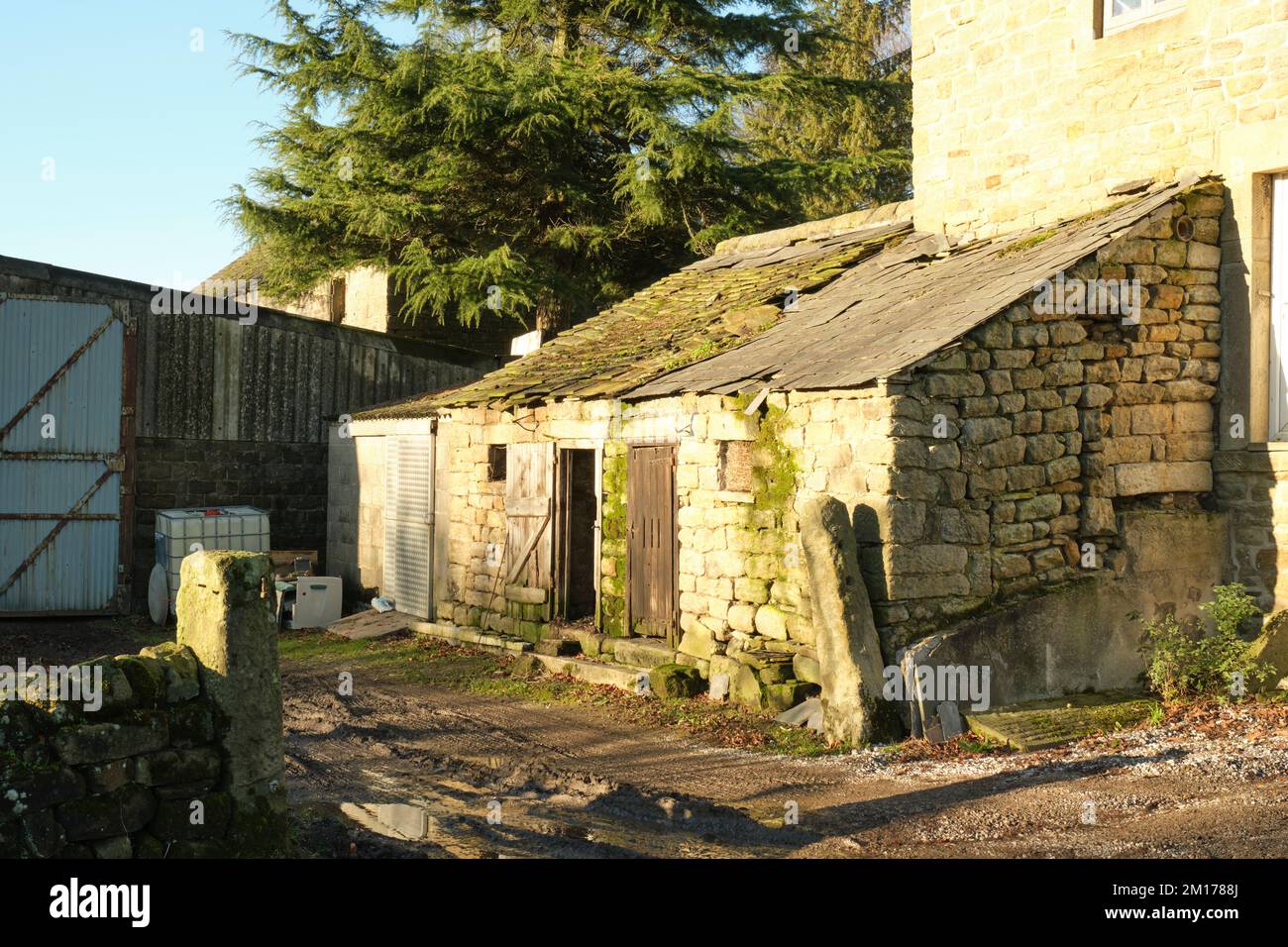 Old stone outbuildings in the original centre of Hathersage, Derbyshire