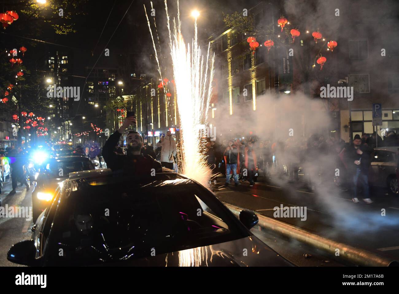 12-10-2022.Rotterdam,The Netherlands.Big celebration in the streets after Morocco beat Portugal 1-0 at the world cup.Roads were blocked with honking cars and there was a lot of heavy fireworks.The police cleared the area after a few hours. Stock Photo