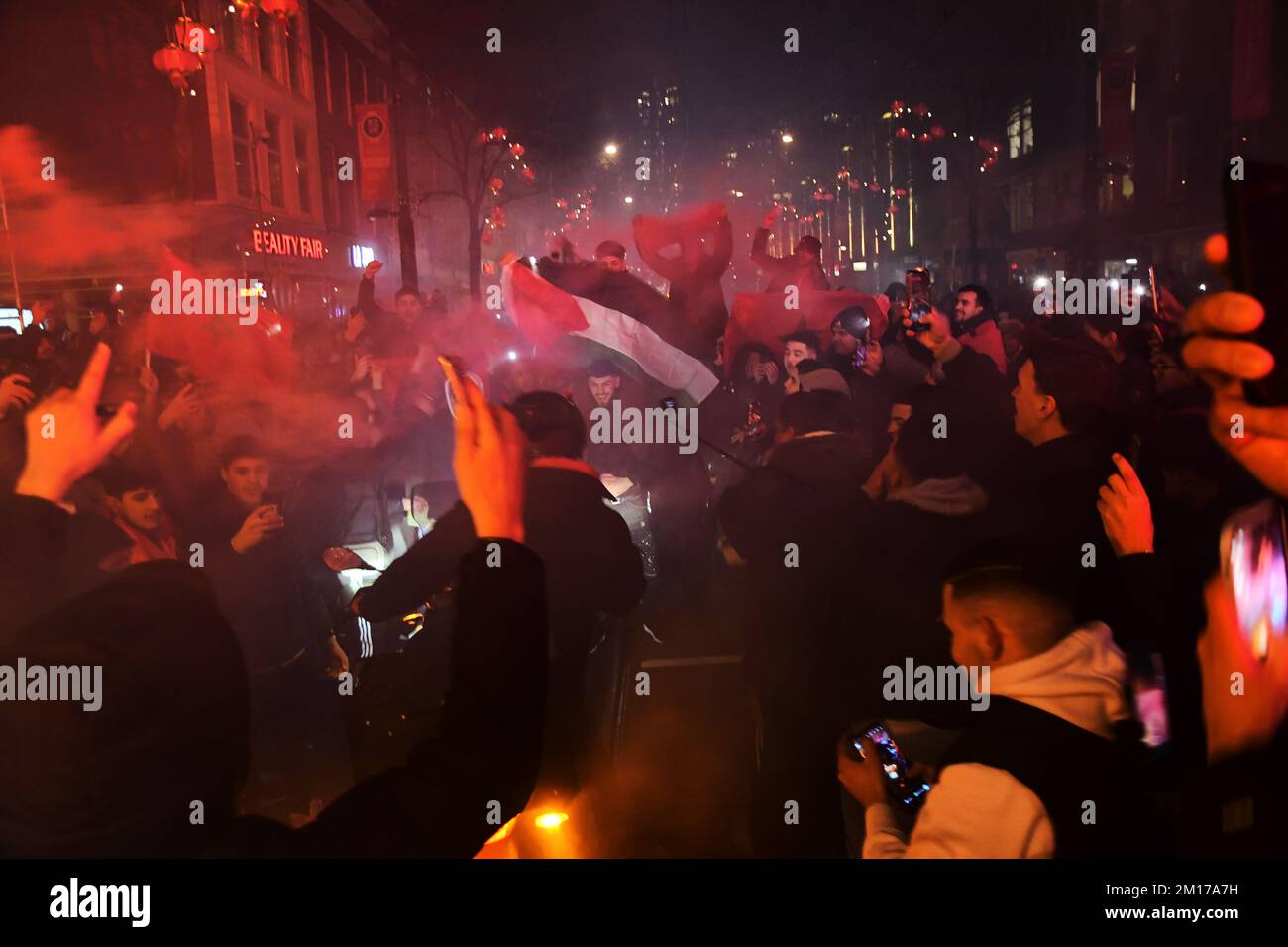 12-10-2022.Rotterdam,The Netherlands.Big celebration in the streets after Morocco beat Portugal 1-0 at the world cup.Roads were blocked with honking cars and there was a lot of heavy fireworks.The police cleared the area after a few hours. Stock Photo