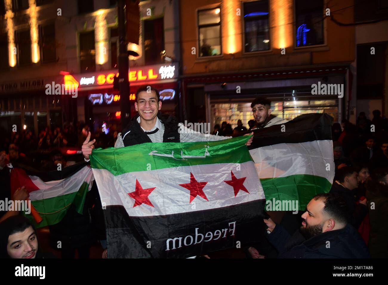 12-10-2022.Rotterdam,The Netherlands.Big celebration in the streets after Morocco beat Portugal 1-0 at the world cup.Roads were blocked with honking cars and there was a lot of heavy fireworks.The police cleared the area after a few hours. Stock Photo