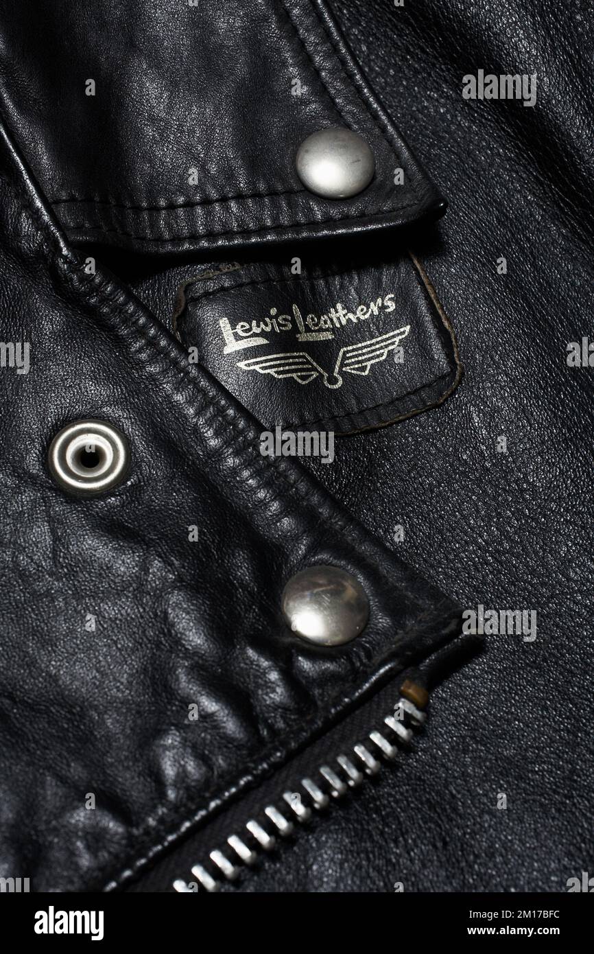 Close up of Lewis Leathers Vintage Leather Jacket. Stock Photo