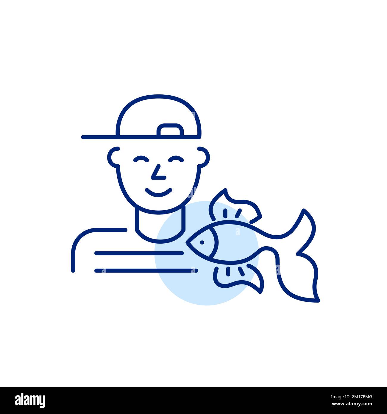 Young boy and his goldfish pet. Pixel perfect, editable stroke line icon Stock Vector