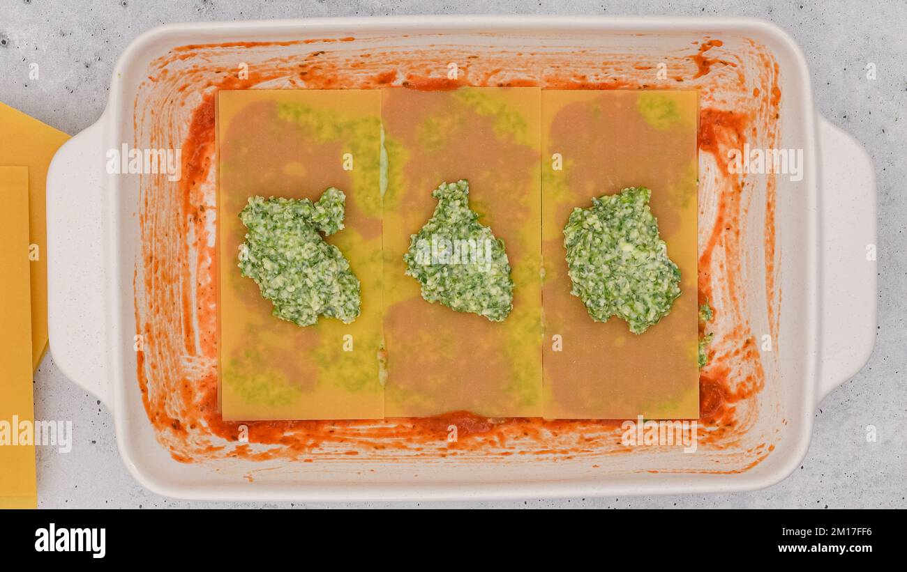 Spinach lasagna recipe. Lsagna noodles layer, spinach mix layer, and marinara sauce layer