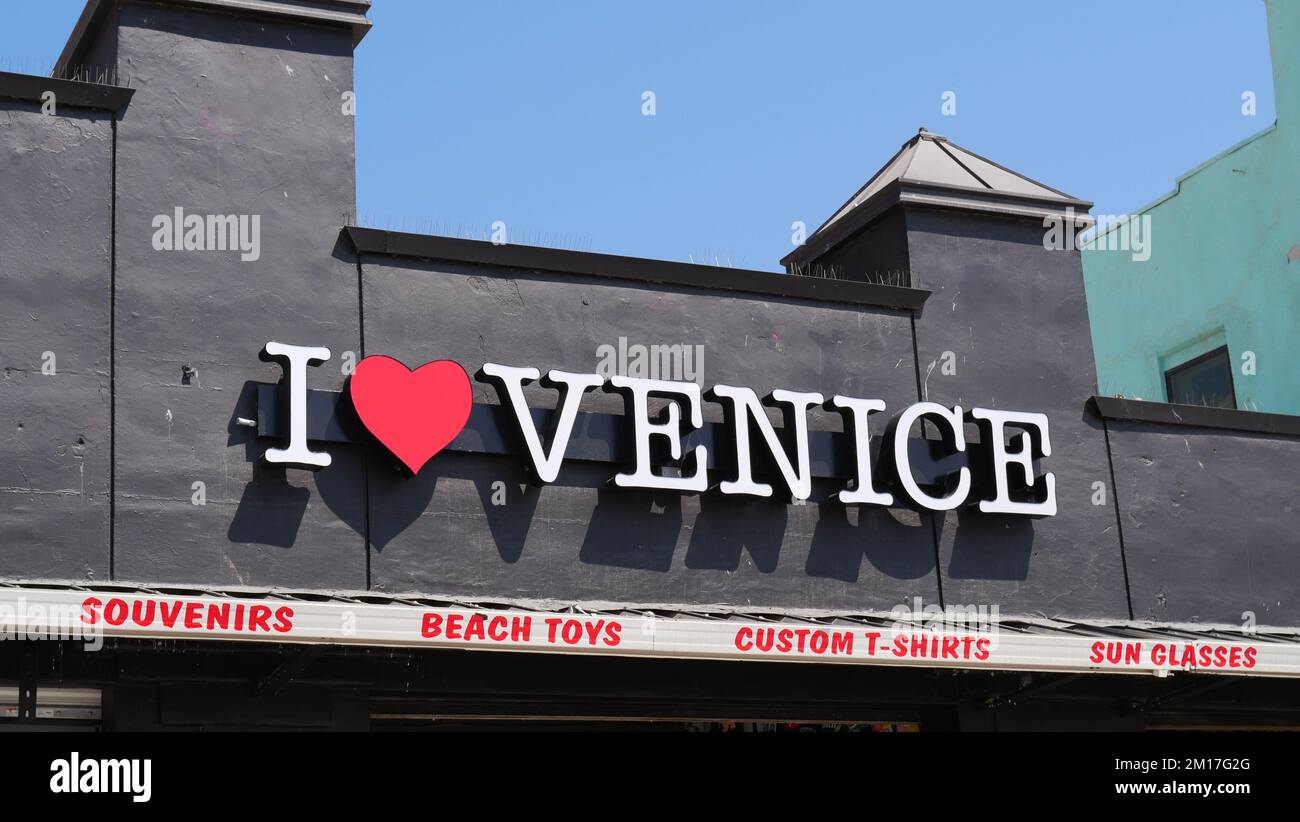 I Love Venice sign on a storefront on the boardwalk in Venice Beach