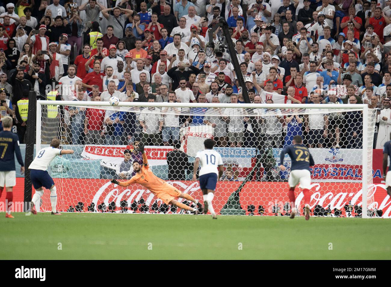Hugo Lloris of France dives as Harry Kane of England misses a penalty during the FIFA World Cup Qatar 2022 Round of 8 match between England v France at the Al Bayt Stadium, on December 09, 2022 in Doha, Qatar. Photo by David Niviere/ABACAPRESS.COM Stock Photo