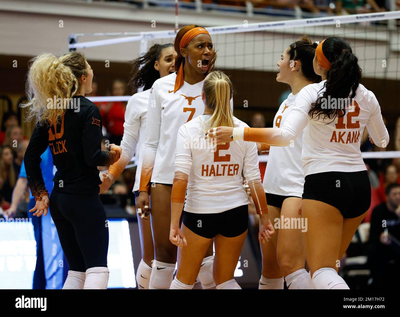 December 10, 2022 The Texas Longhorns celebrate a point during the NCAA Womens Volleyball Tournament regional final between Texas and Ohio State on Dec
