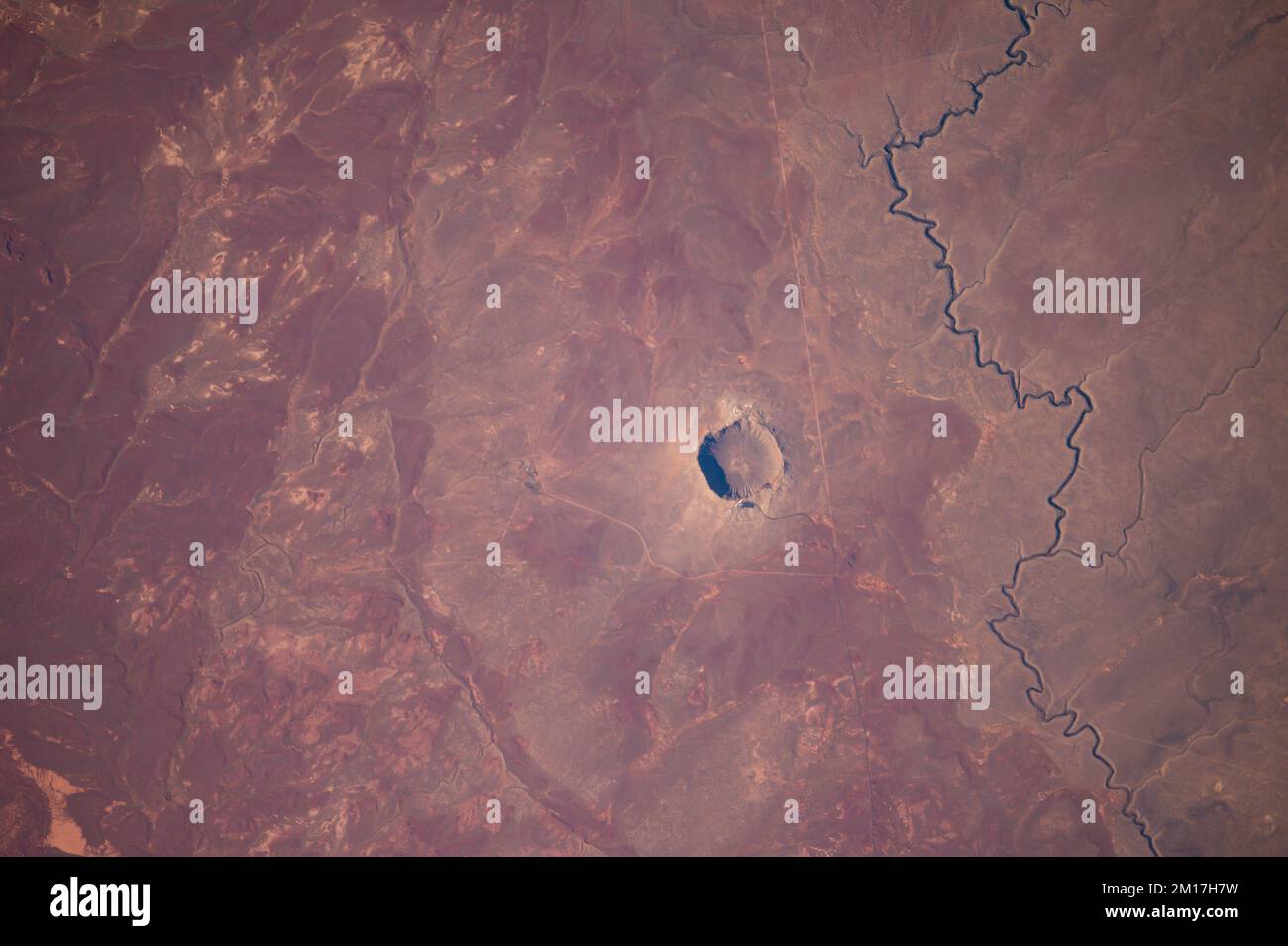 Aerial view of Barringer Impact Crater in Arizona. Digitally enhanced. Elements of this image furnished by NASA. Stock Photo
