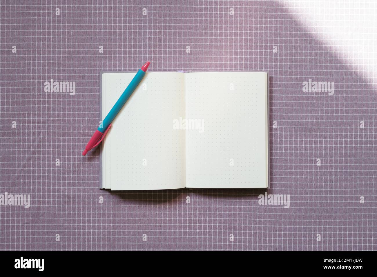 Open notebook and pen on purple check pattern fabric background. top view, copy space Stock Photo