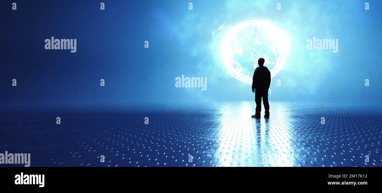 Dark abstract scene. Metal reflective floor and Man Standing with Glowing Light Rays from portal. Stock Photo