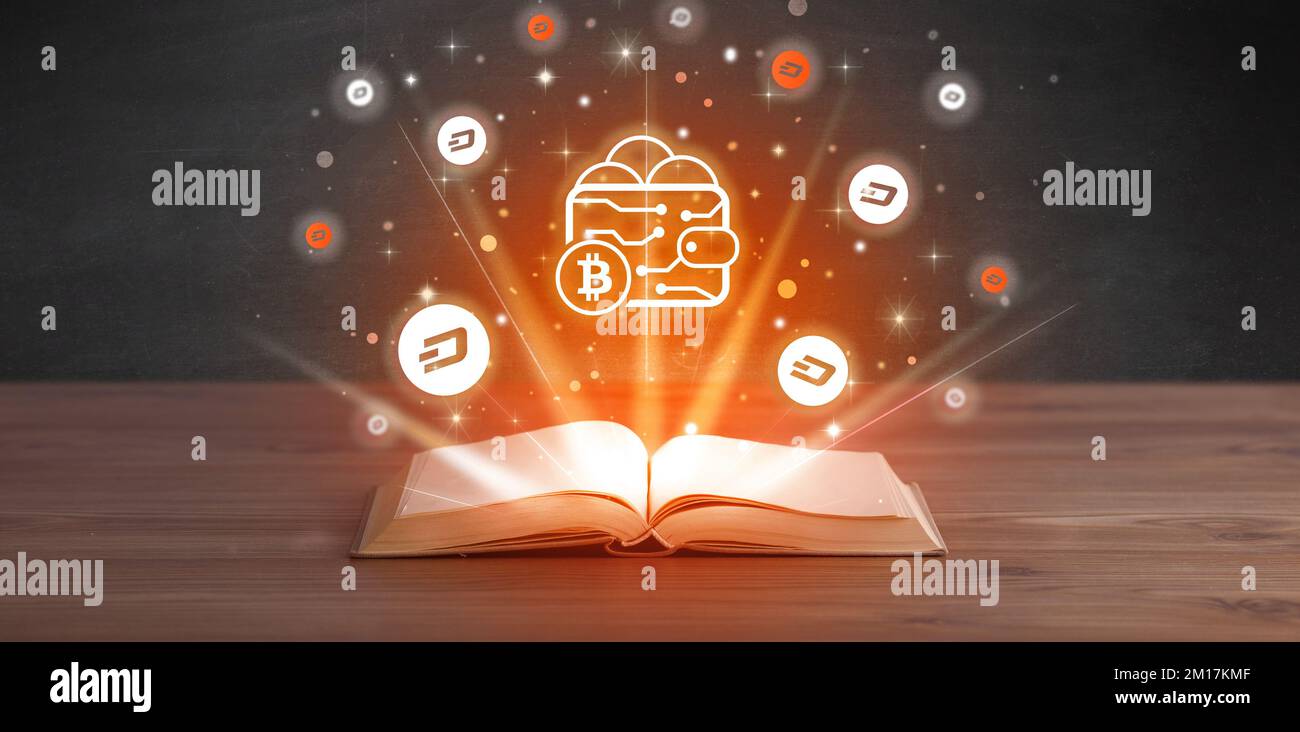 Open book with currency icons above Stock Photo - Alamy