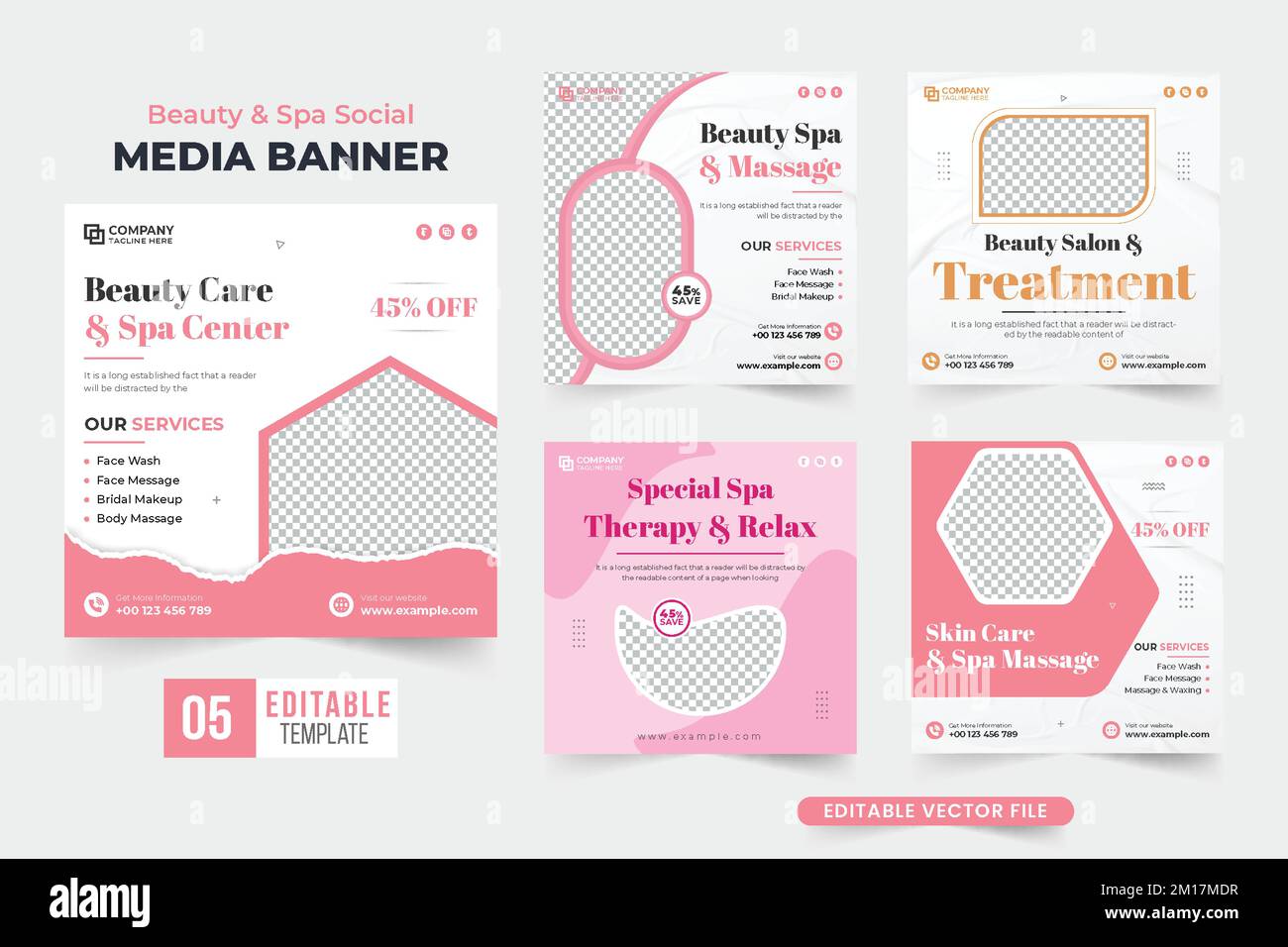 Skincare and massage parlor advertisement web banner collection with pink and dark colors. Spa therapy business promotion poster bundle for marketing. Stock Vector