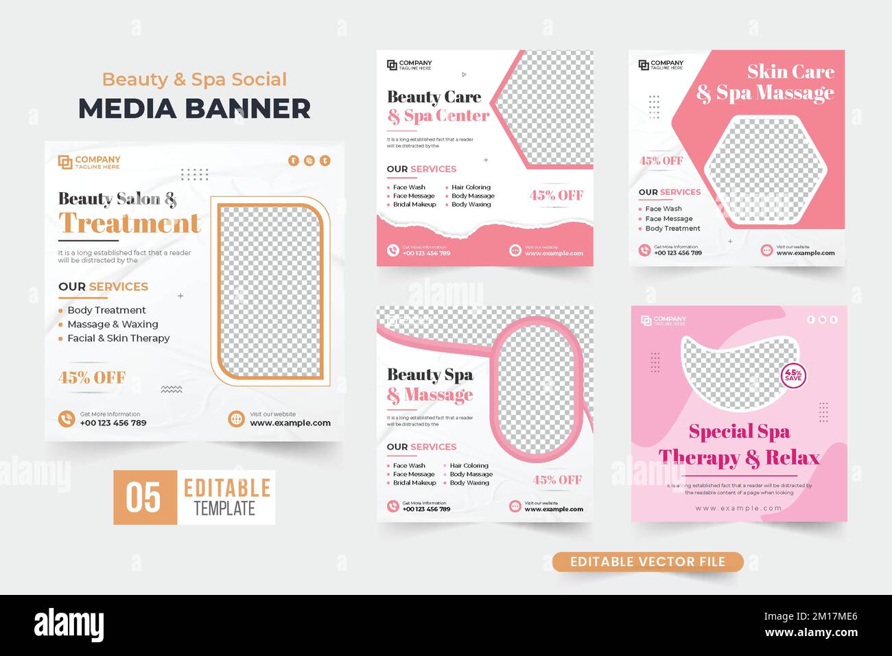 Beauty and spa salon social media post collection for digital marketing. Special salon treatment promotional web banner bundle with golden and pink co Stock Vector