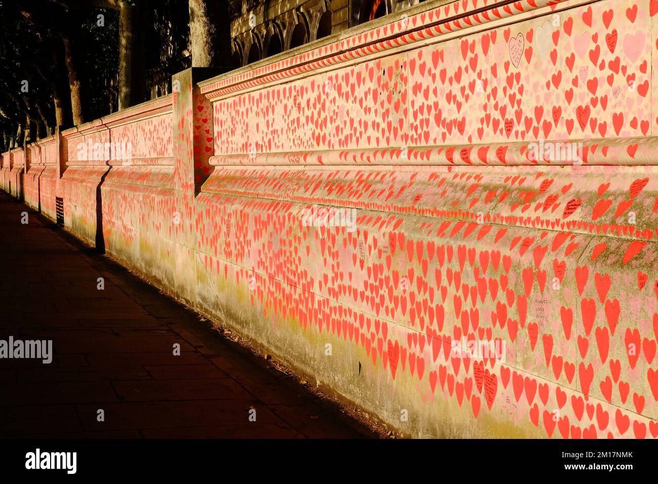 National Covid Memorial Wall glowing gold soon before sunset on the South Bank of the Thames, London, England Stock Photo