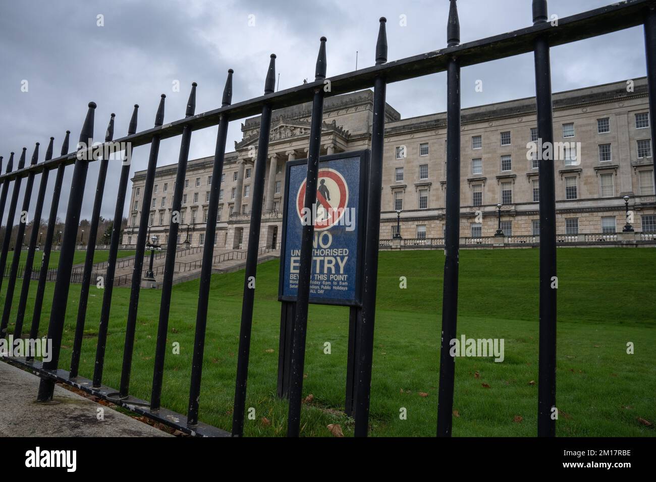 Belfast City, County Antrim, Northern Ireland, November 30th 2022. Front of Stormont, Northern Irish House of Parliament, view from in front of gates Stock Photo
