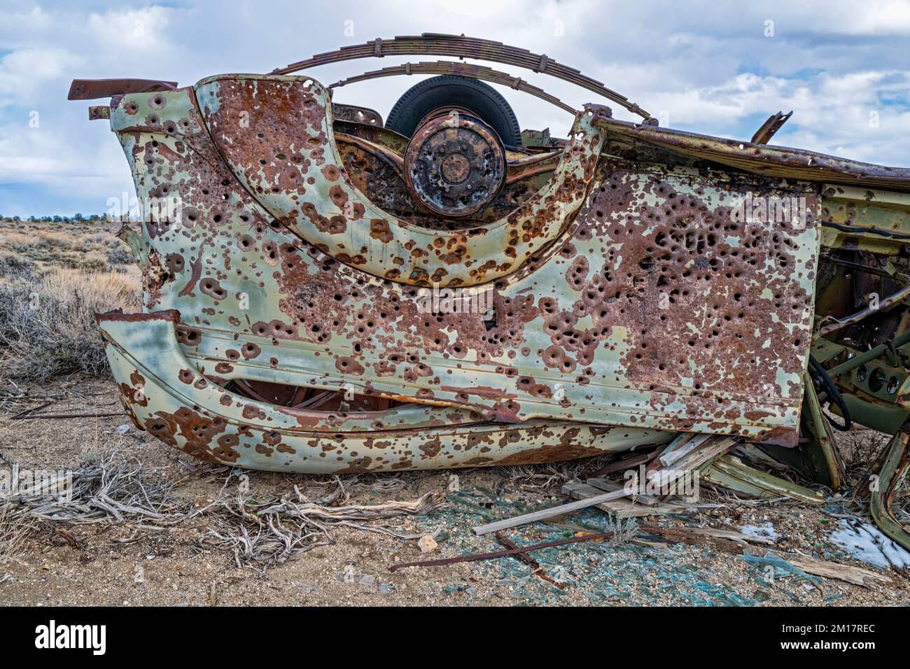 Rear passenger side quarter panel of an overturned truck in the Nevada