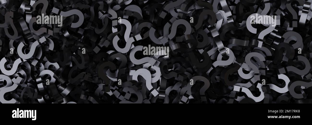 Questionmarks black color background, banner. FAQ concept. Too many questions doubts and uncertainties. 3d render Stock Photo