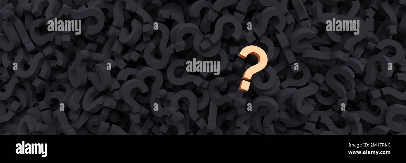 Questionmark yellow on black color questionmarks background, banner. FAQ concept. Too many questions doubts and uncertainties. 3d render Stock Photo
