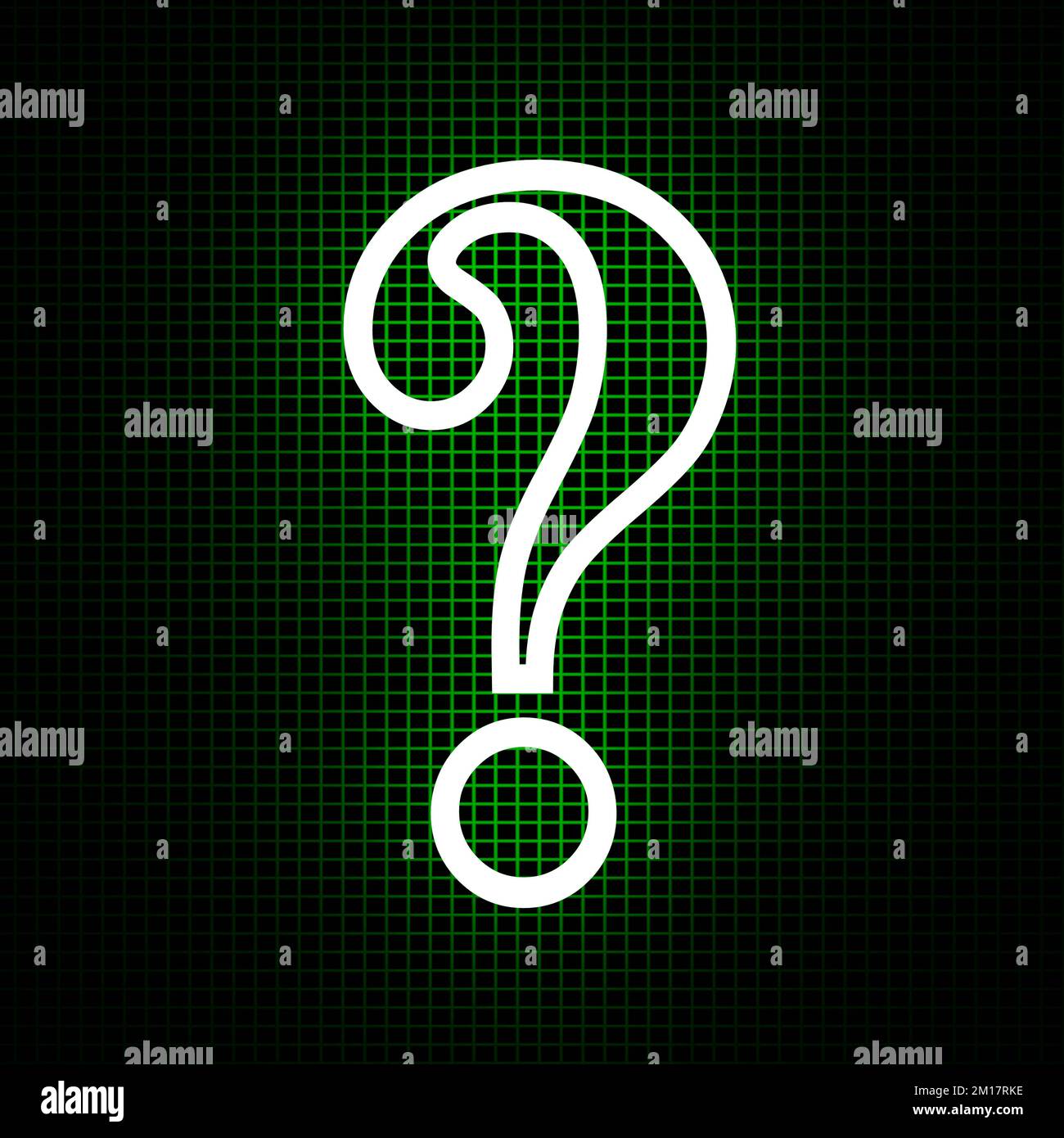 White question mark on green lighted square repeated shape metal neon background. Doubt symbol, solution searching. 3d render Stock Photo