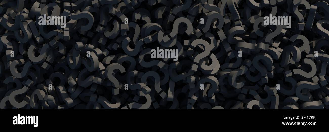 Question marks black color background, banner. FAQ concept. Too many questions doubts and uncertainties. 3d render Stock Photo