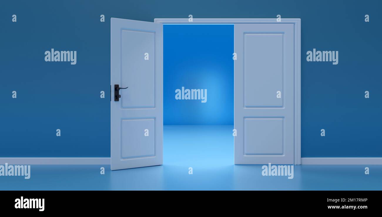Double white door with one door leaf opened on blue color wall background. Business, life opportunity, bright hall exit. 3d render Stock Photo