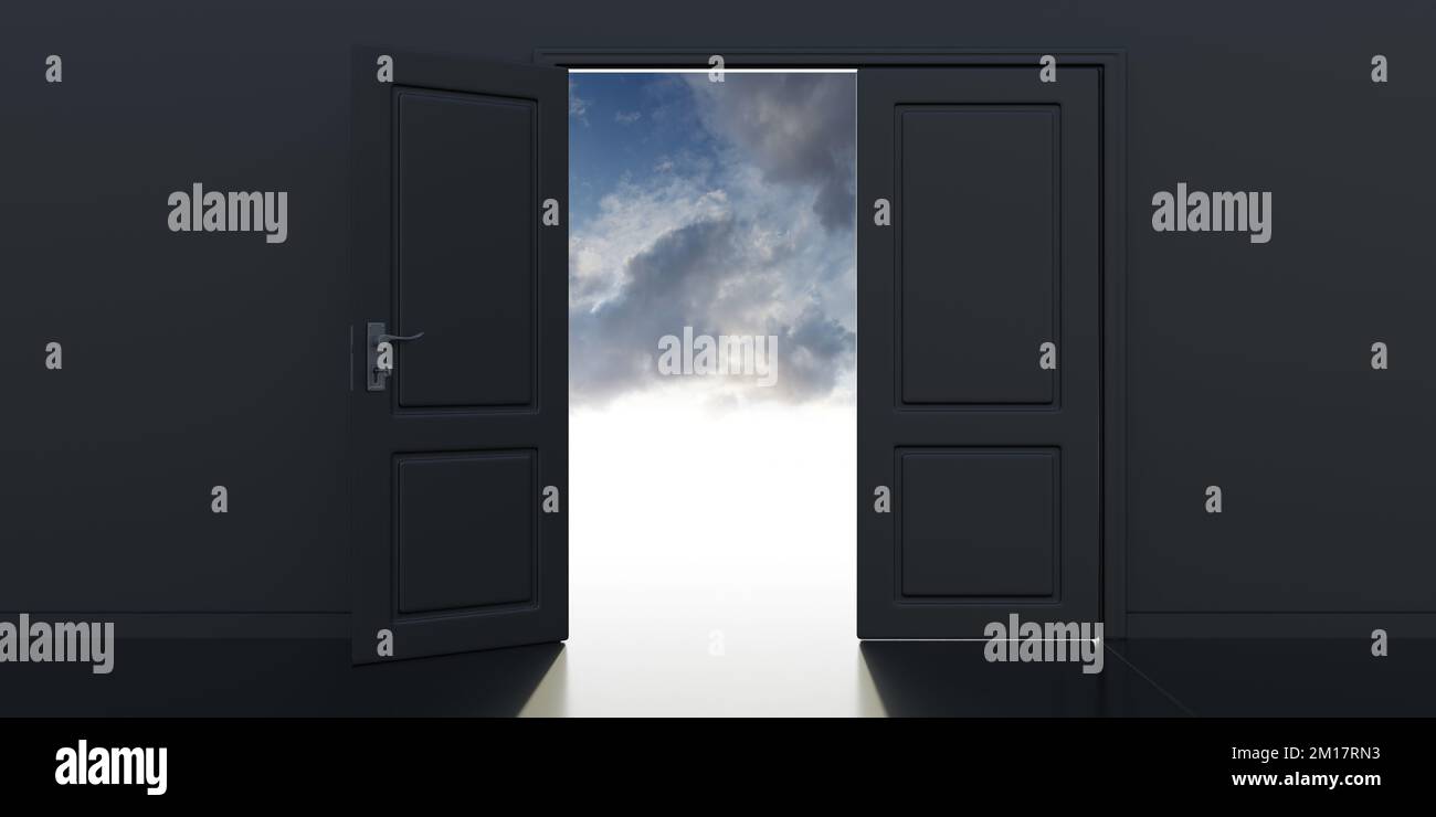 Double feaf door one open, black wall background. Cloudy sky and light enters from opening in dark room. Way out, dream, vision concept. 3d render Stock Photo