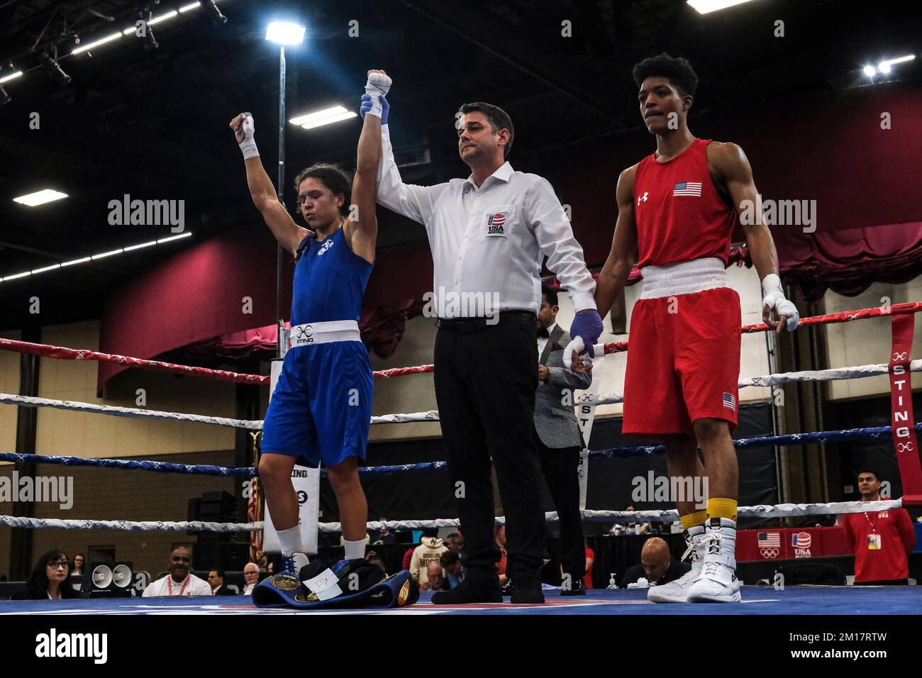 Lubbock, TX, USA. 10th Dec, 2022. Stephanie Simon of Miami FL, is declared the winner following her bout with Stacia Suttles of Philadelphia, PA for the Elite Female 146lb championship. Simon was declared the winner by decision. (Credit Image: © Adam DelGiudice/ZUMA Press Wire) Credit: ZUMA Press, Inc./Alamy Live News Stock Photo