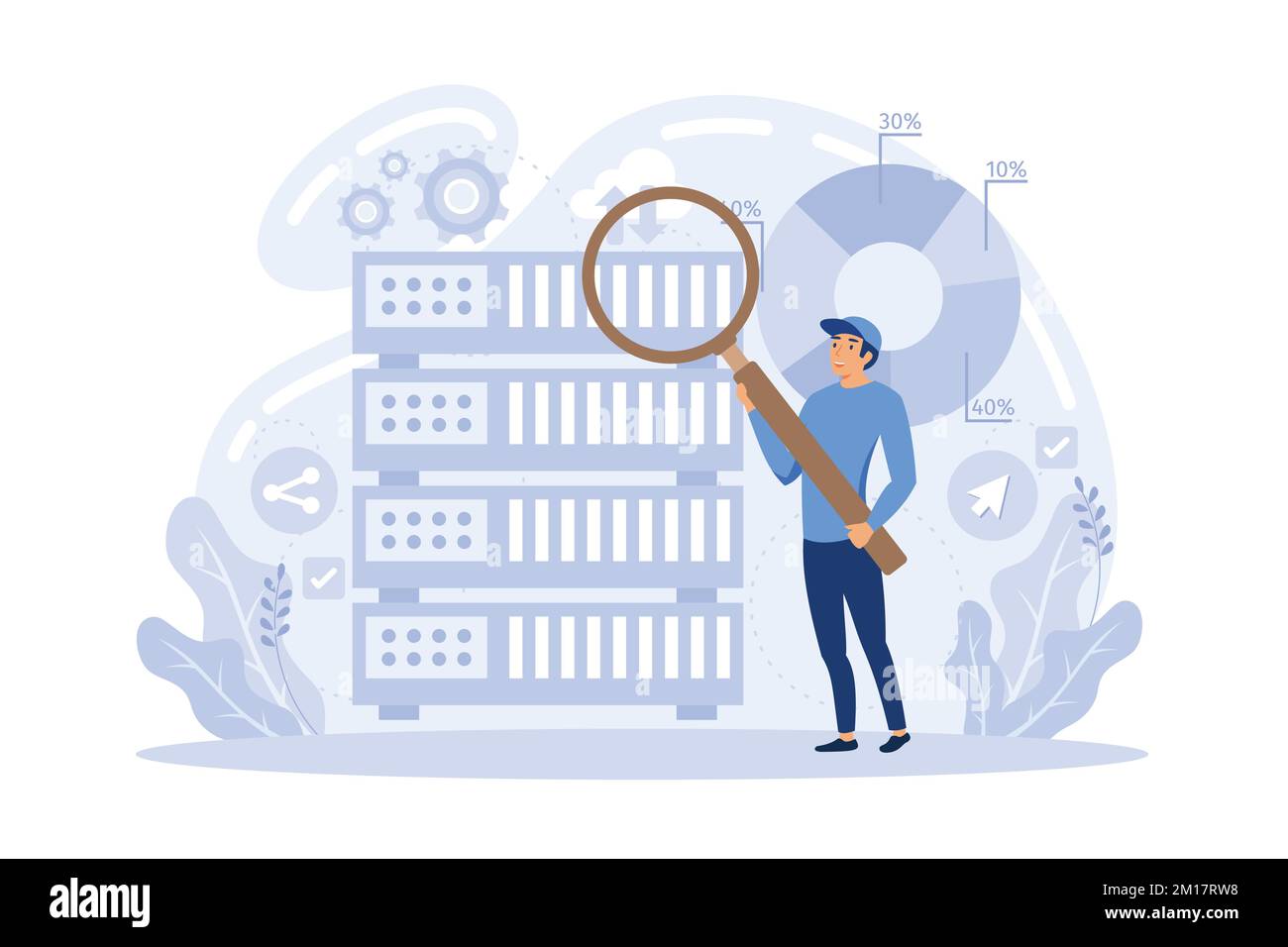 Developer with magnifying glass working with big data and zigzag arrow. Digital analytics tools, data storage and software engineering concept. flat v Stock Vector