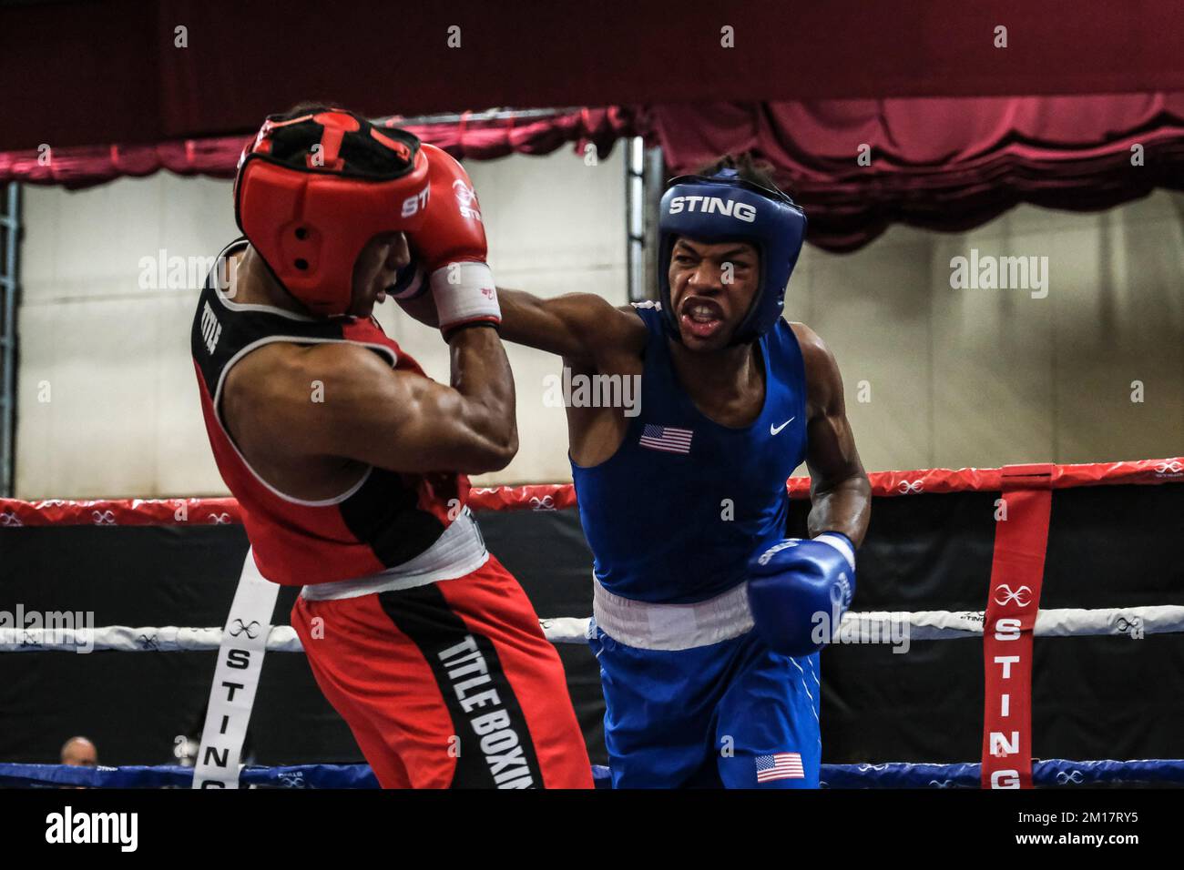 Lubbock, TX, USA. 10th Dec, 2022. Action between Amir Anderson of Syracuse, NY (blue) and Jason Moreno of Philadelphia in their Elite Male 156lb championship bout. Anderson was declared the winner by unanimous decision. (Credit Image: © Adam DelGiudice/ZUMA Press Wire) Credit: ZUMA Press, Inc./Alamy Live News Stock Photo