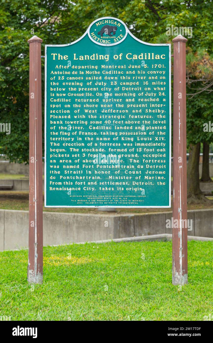 The 'Landing of Cadillac' memorial billboard in Philip A. Hart Plaza near Jefferson Avenue and the Detroit River in Detroit, Michigan, USA. Stock Photo