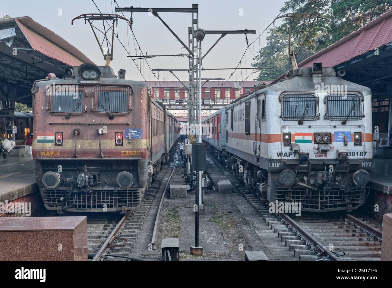Two Indian-made diesel-electric locomotives of the WAP-4 and WAP-7 class at Chhatrapati Shivaji Maharaj Terminus (CSMT) in Mumbai, India Stock Photo