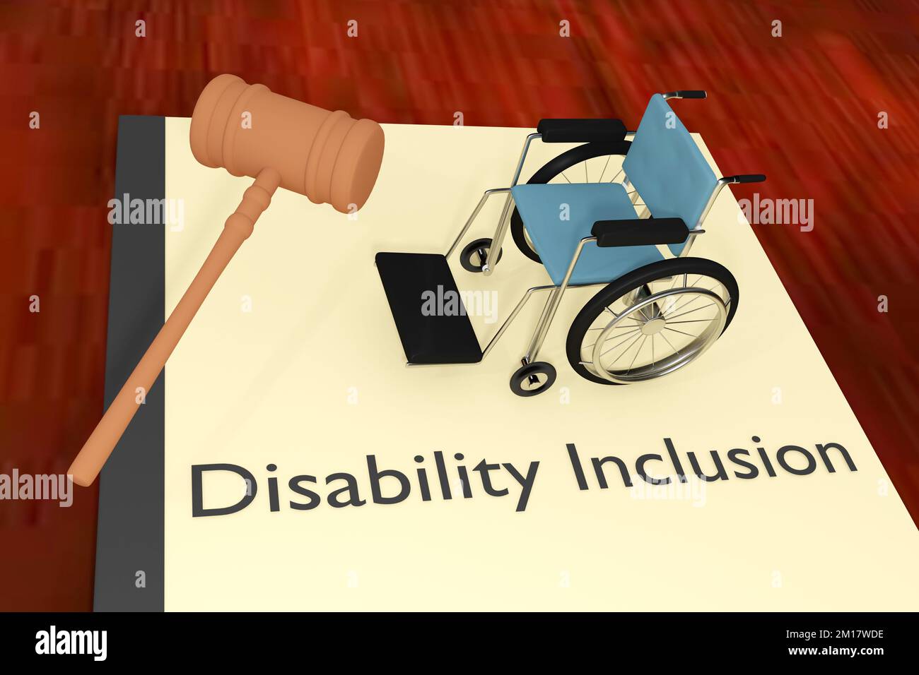 3D illustration of a judge gavel and Disability Inclusion title on legal booklet, along with symbolic wheelchair. Stock Photo