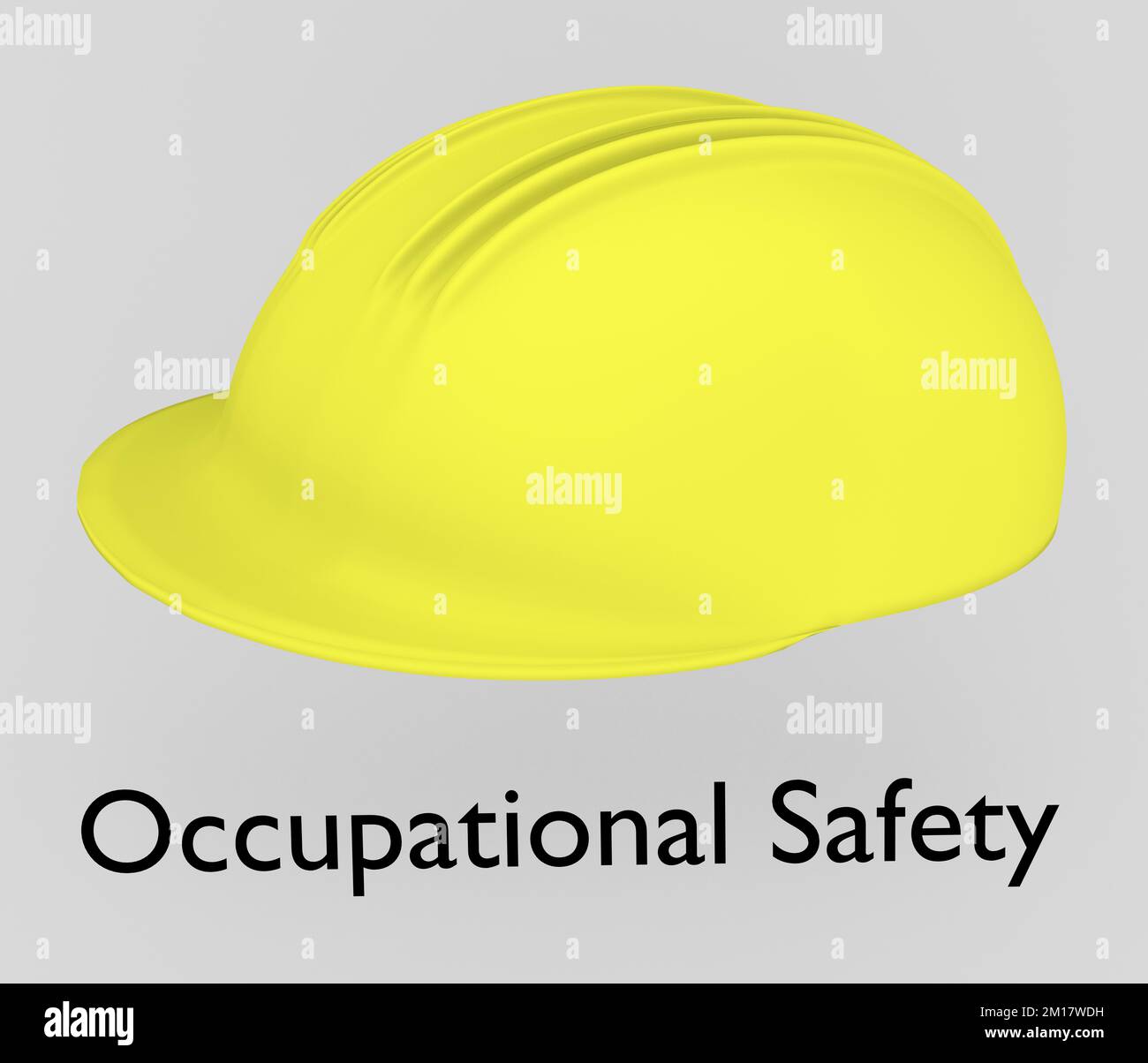 3d illustration of Occupational Safety text under a yellow safety helmet, isolated over a gray background. Stock Photo