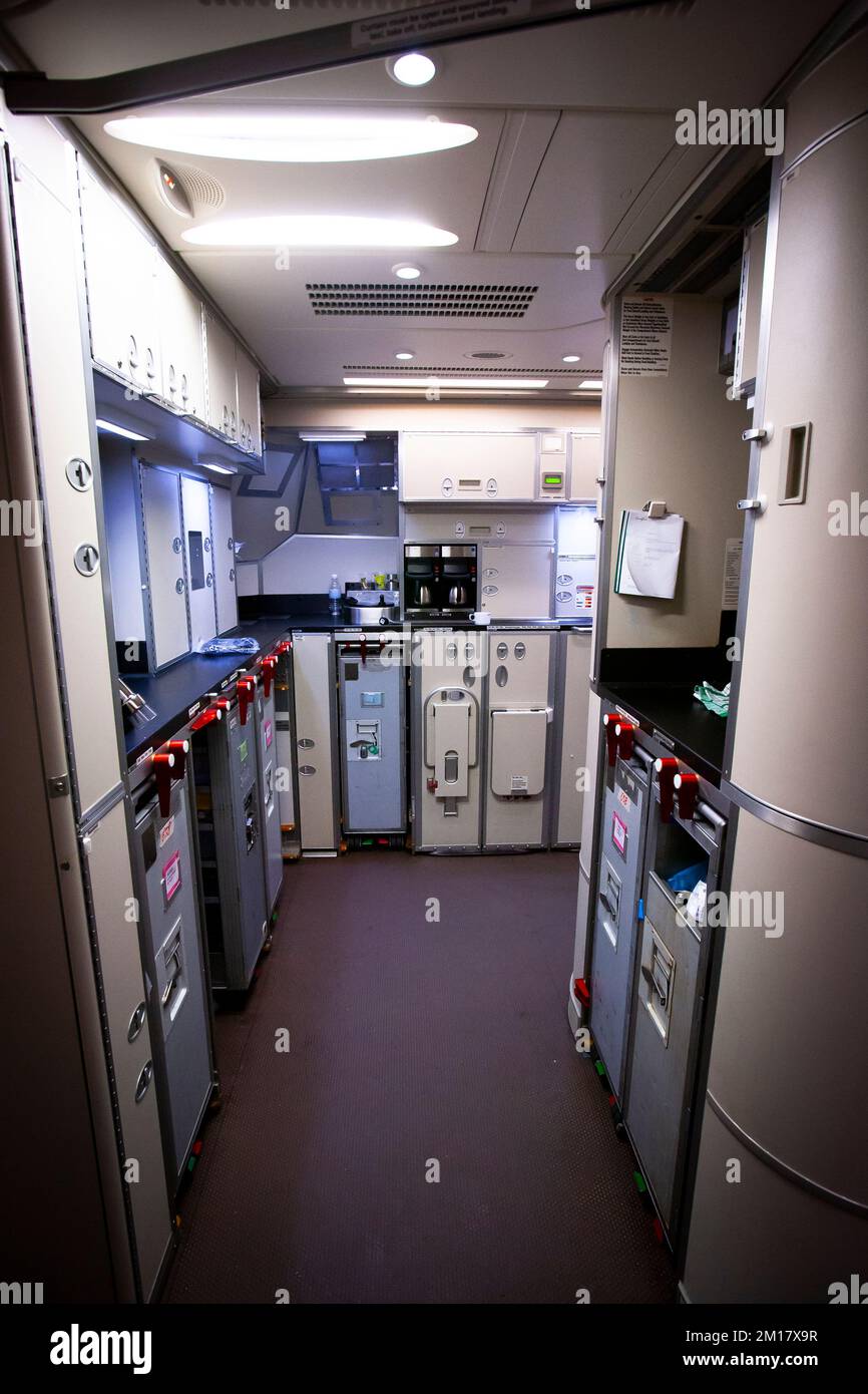 The rest area inside a plane, the cabin crew deck, space for storing food and drinks in an Aircraft. Stock Photo