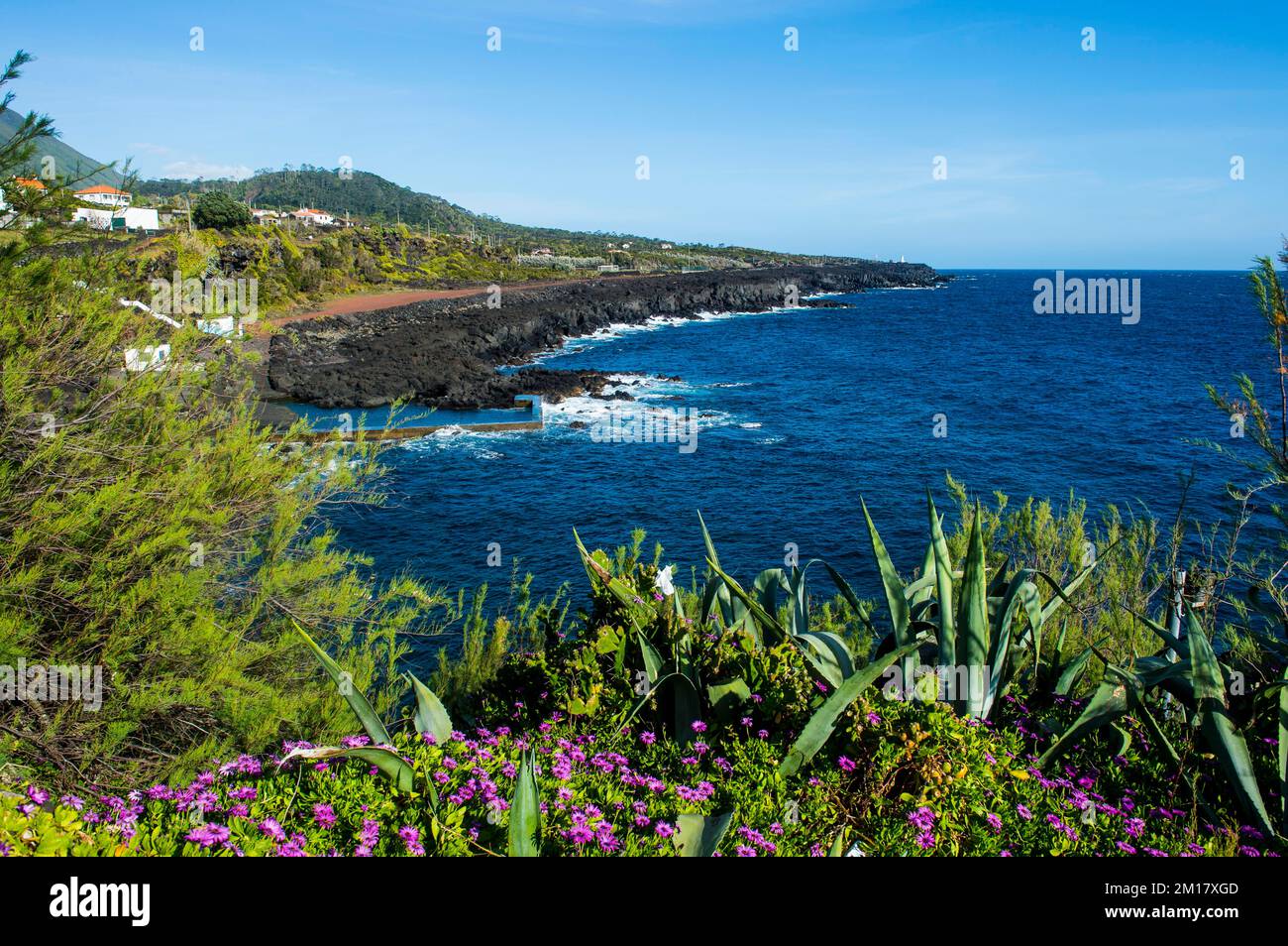 Rocky volcanic coastline around Sao Mateus, Island of Pico, Azores, Portugal, Europe Stock Photo