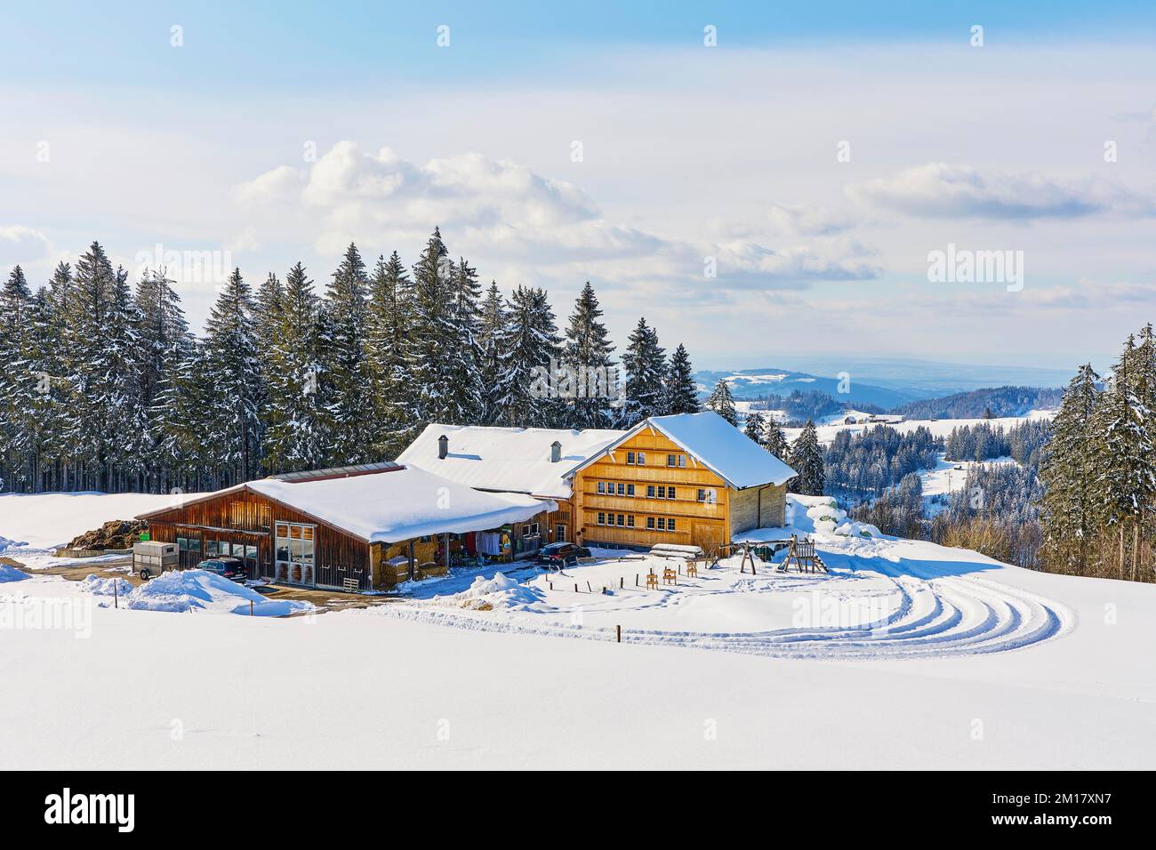 Courtyard with Appenzell house with wooden façade and southern exposure, Gäbris viewpoint, Canton Appenzell Ausserrhoden, Schzweiz Stock Photo