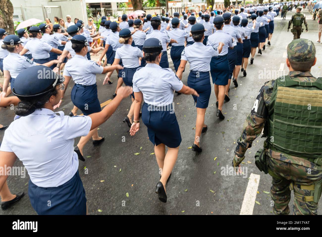 A high angle of female military soldiers parading on Brazilian Independence Day in Salvador, Bahia Stock Photo