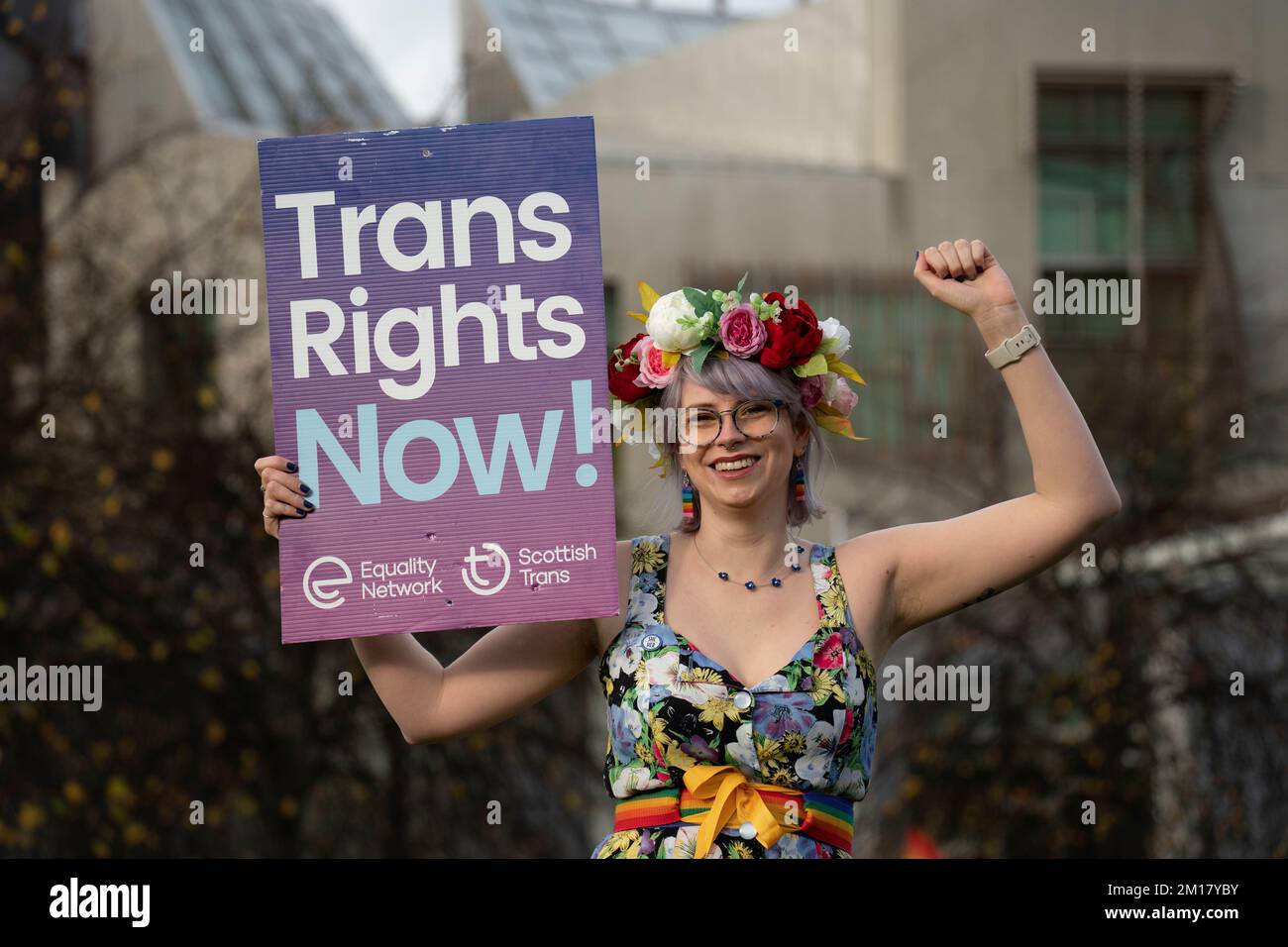 Oct 27 2022. Pro Trans rights activists protest at Scottish Parliament at Holyrood, Edinburgh, Scotland Stock Photo