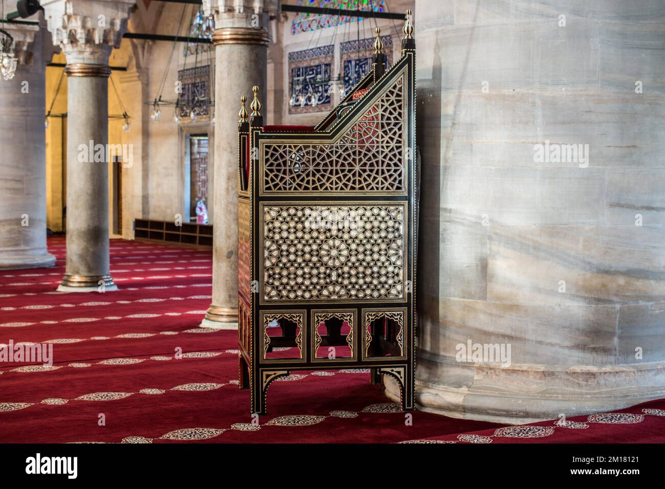 Wooden minbar sermon pulpit of Ottoman times in mosque Stock Photo