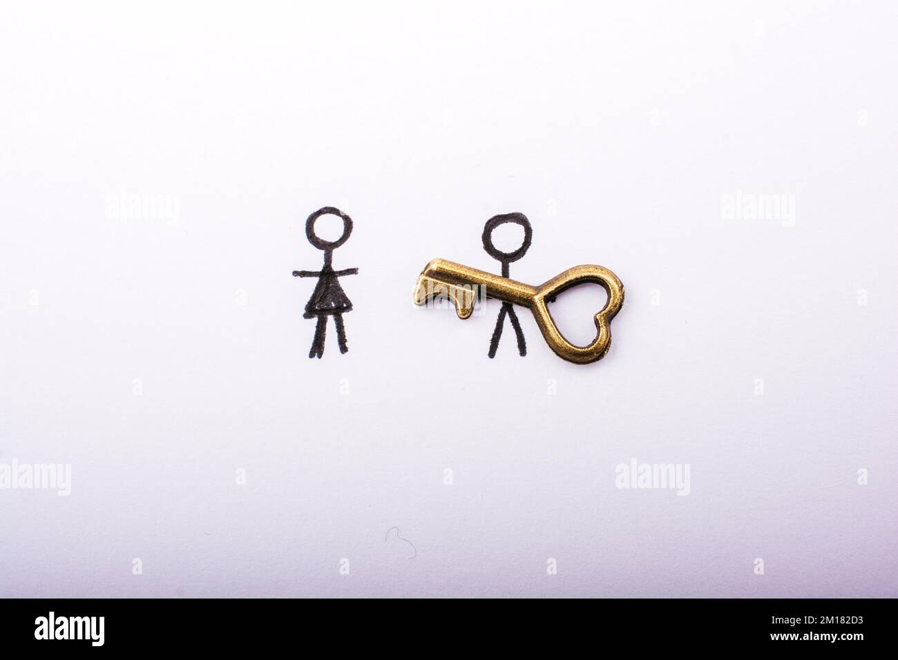 Stick man, woman and heart shaped key on white background Stock Photo ...