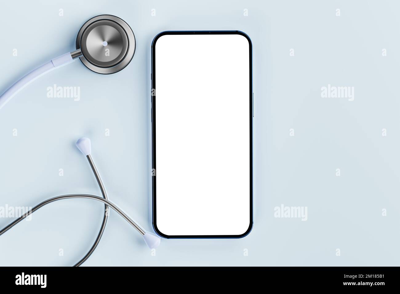 online doctor. app health phone mockup. get an online consultation from doctor by mobile phone. stethoscope and cell phone on white background. copy s Stock Photo